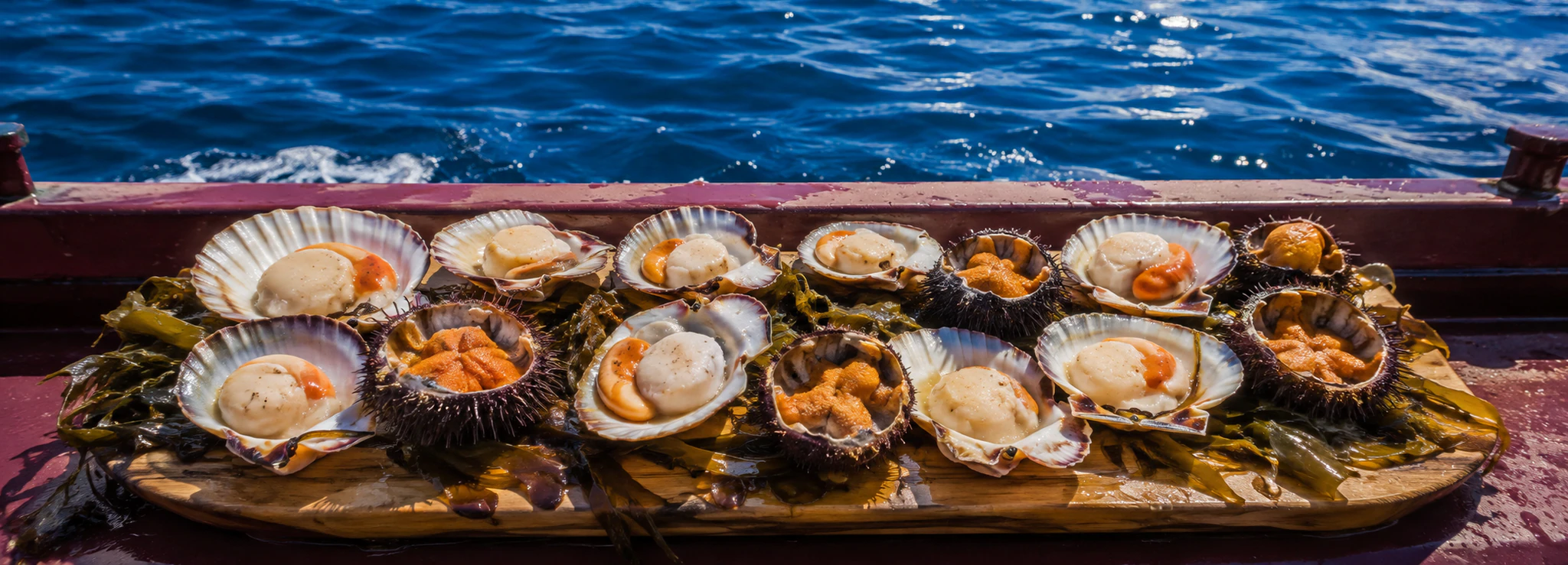 Свежие морские ежи и гребешки на фоне яркого Баренцева моря