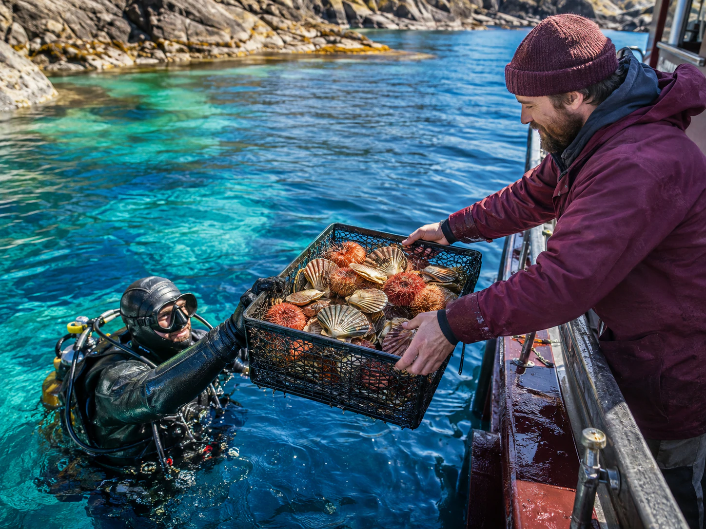 Дайвер поднимает морские деликатесы из прозрачной северной воды